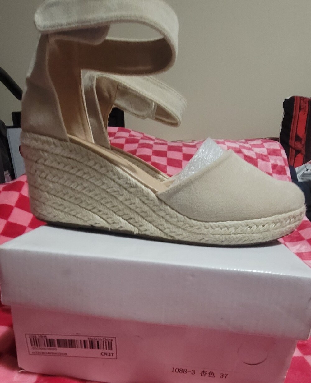Beige Espadrille Wedge Sandals with Ankle Straps